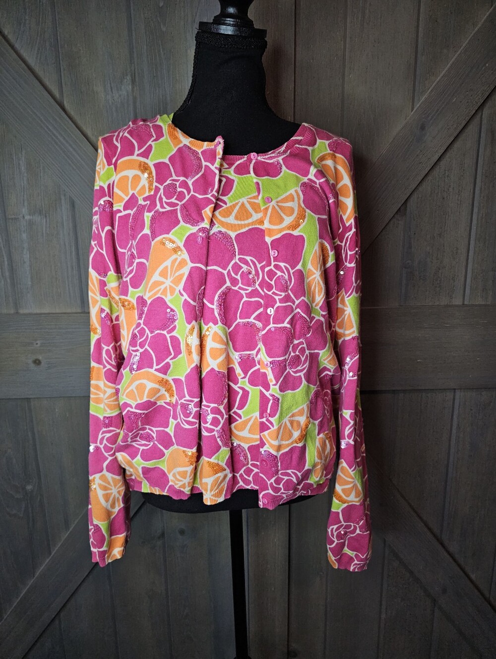 Marisa Christina Pink Floral Citrus Print Long Sleeve Sweater Set sz Medium